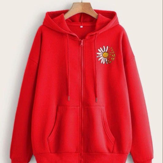Daisy Flower Printed Zipper Hoodie For Women