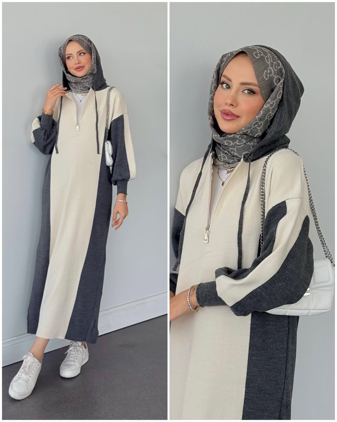 Panel Zipper Long Hoodie Top